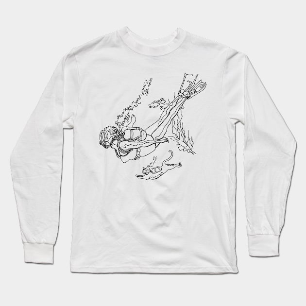 Scuba Cat in Search of Atlantis Long Sleeve T-Shirt by dumbbunnydesign